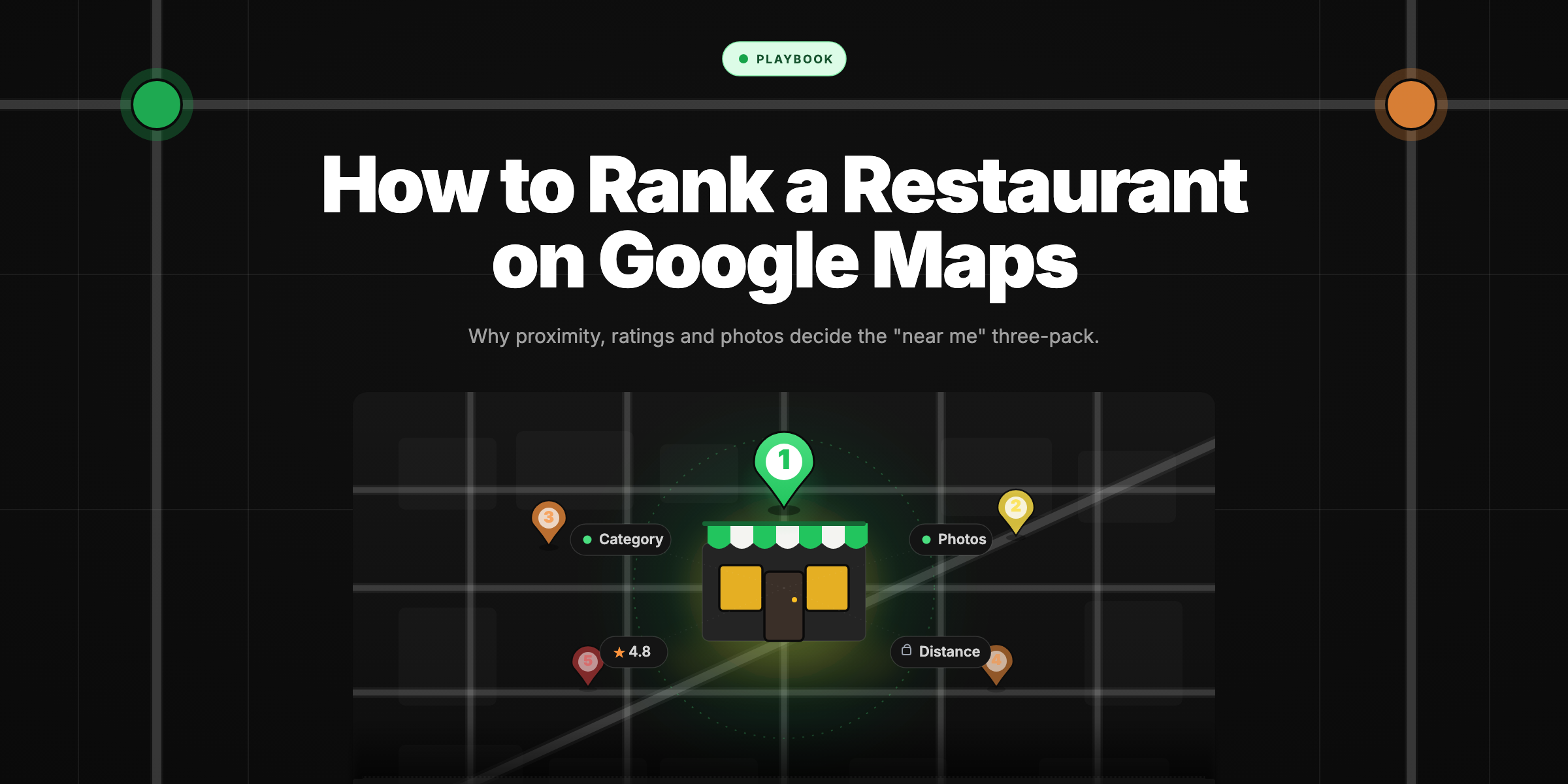 A dark city map with one warm-lit restaurant ranked number one in the Map Pack, rivals fading to lower ranks nearby