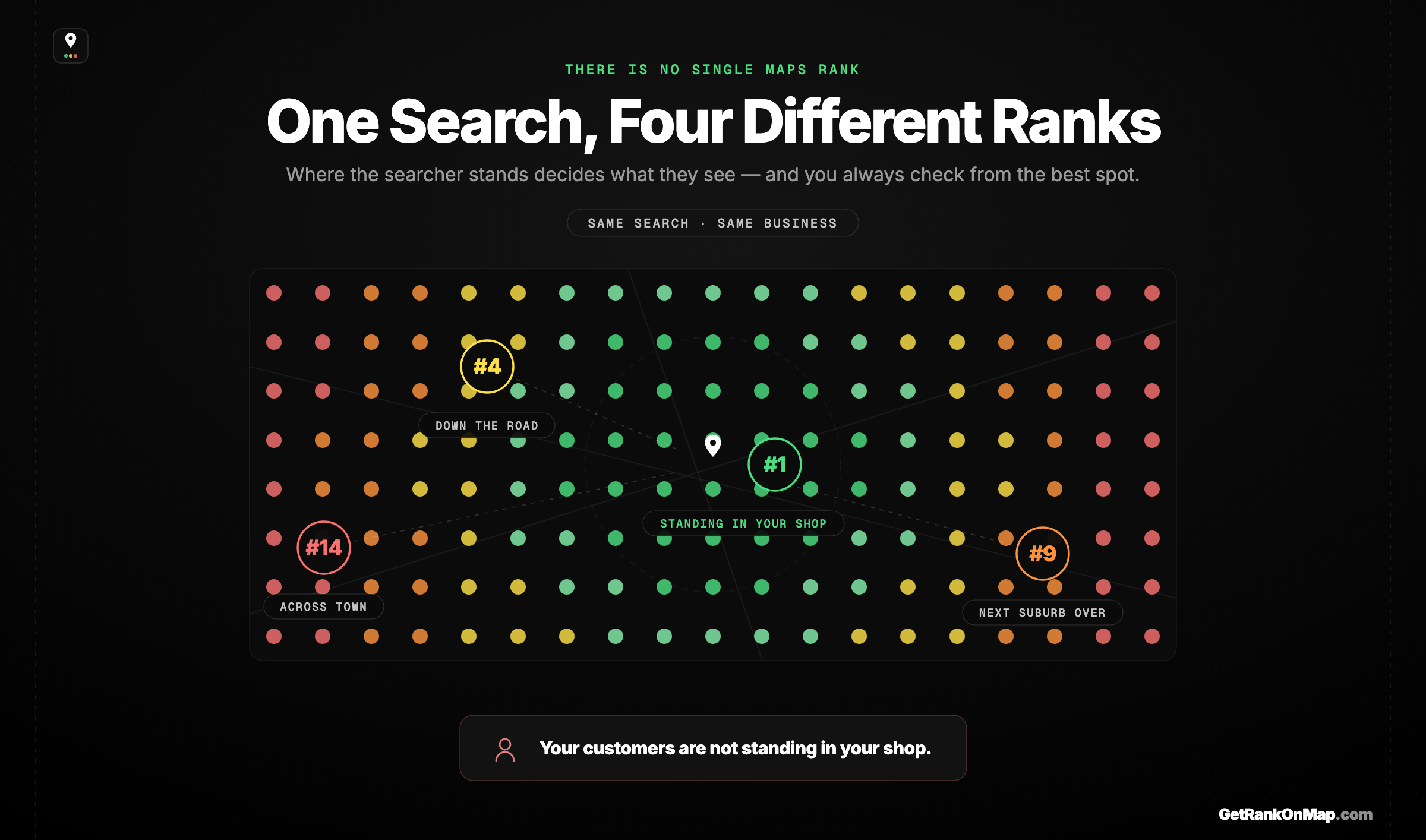 Infographic showcasing how the same Google Maps search returns different results depending on where the searcher stands.