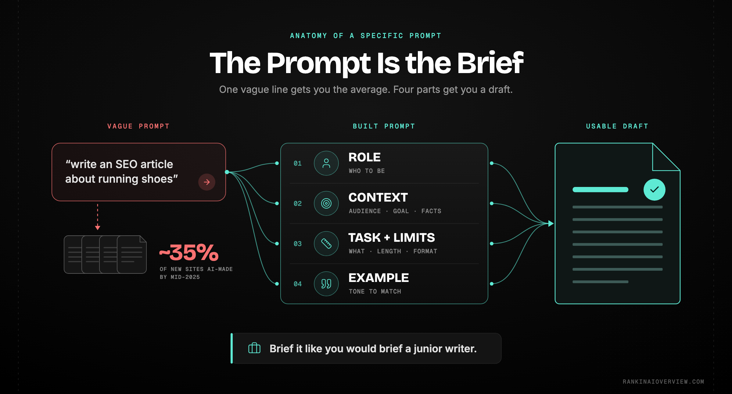 Infographic showcasing the four-part anatomy of a specific ChatGPT SEO prompt — role, context, task with constraints, and an example — set against the generic output a vague prompt returns