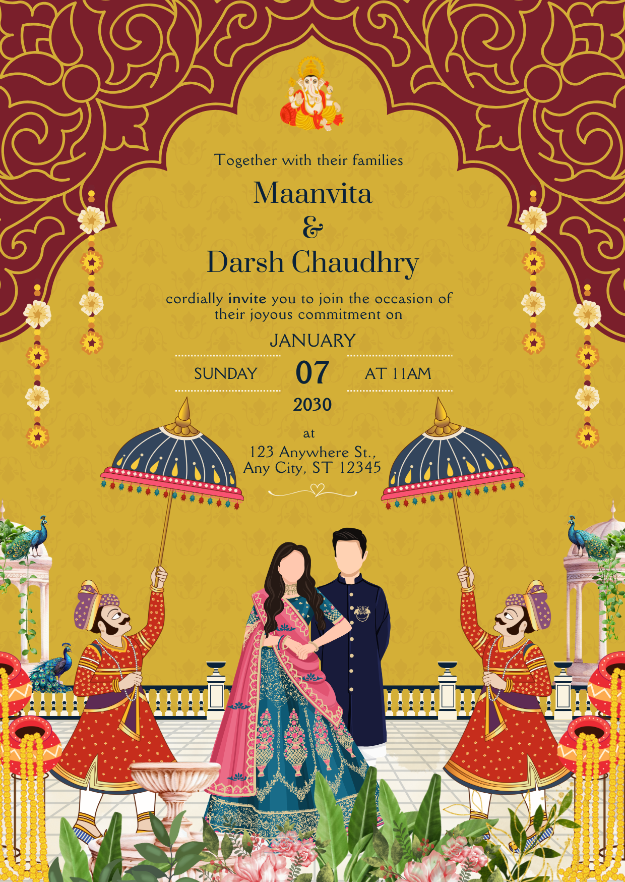 Royal Gold and Maroon Illustrated Indian Wedding Ceremony Invitation