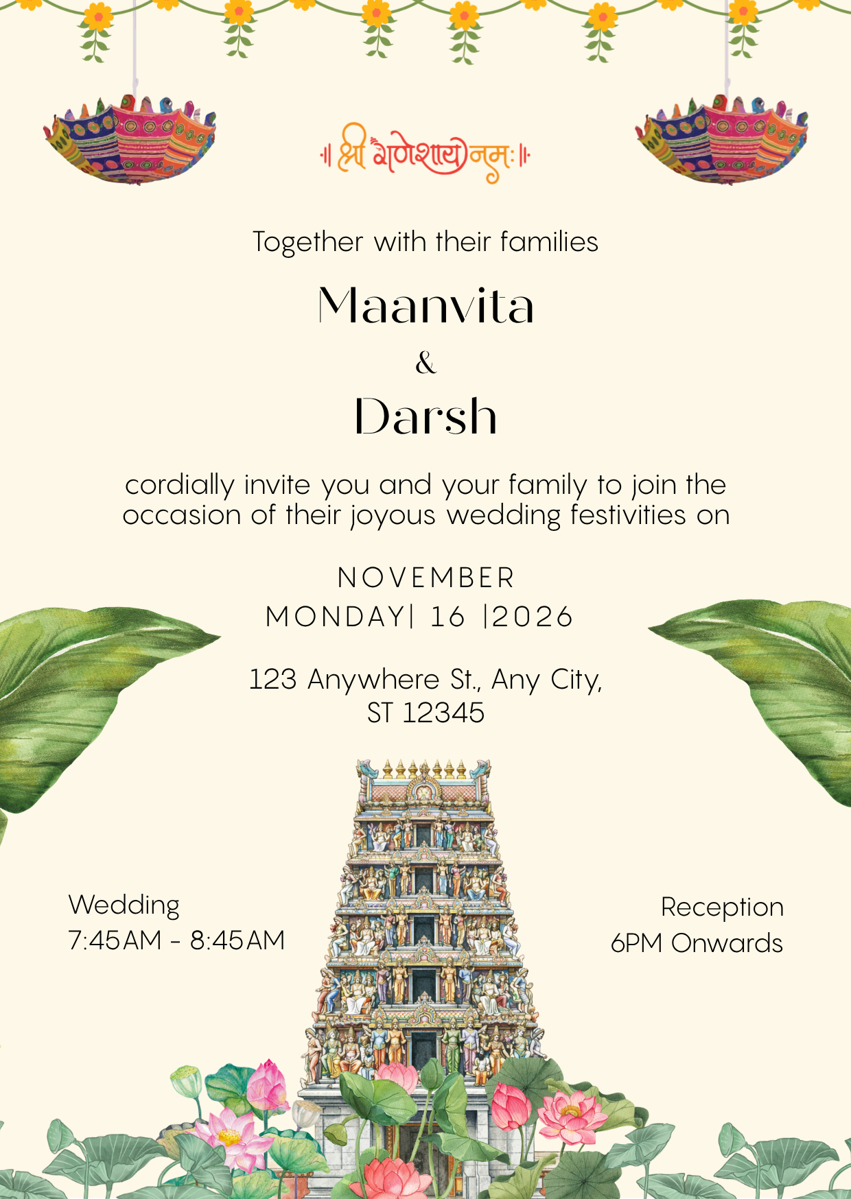 Cream and Green Indian Traditional Wedding Invitation