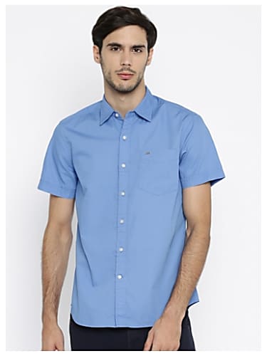 brown chinos blue shirt