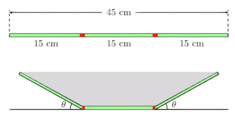 Bác Nam dự định làm một máng thoát nước mưa từ một miếng tôn hình chữ nhật có chiều dài $8left( m right)$ và chiều rộng $45left( cm right)$ 1 de thi toan online