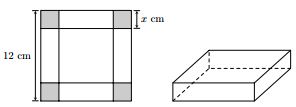 Cho một tấm nhôm hình vuông cạnh $12text{ cm}$, người ta cắt ở bốn góc bốn hình vuông bằng nhau, mỗi hình vuông có cạnh bằng $xleft( text{cm} right)$, rồi gập tấm nhôm lại để được một cái hộp có dạng hình hộp chữ nhật không có nắp (tham khảo hình vẽ) 1 de thi toan online