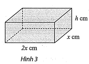 Người ta muốn làm một chiếc hộp kim loại hình hộp chữ nhật có thể tích $72text{ c}{{text{m}}^{3}}$ và đáy có chiều dài gấp đôi chiều rộng (Hình 3) 1 de thi toan online
