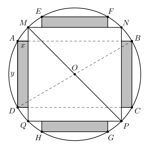 Từ một khúc gỗ tròn hình trụ có đường kính bằng 40 cm, cần xả thành một chiếc xà có tiết diện ngang là hình vuông và bốn miếng phụ được tô màu xám như hình vẽ dưới đây 2 de thi toan online