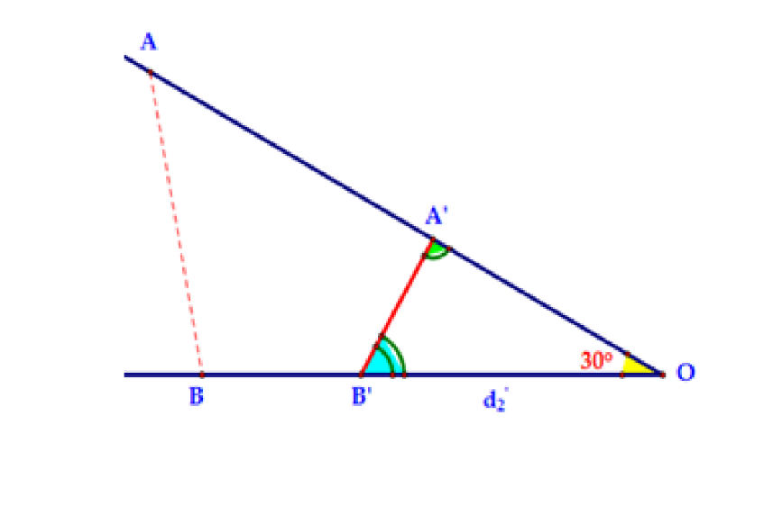 Hai chất điểm $A$ và $B$ chuyển động thẳng đều cùng hướng về $O$ (như hình vẽ), biết rằng vận tốc ${{V}_{B}}=dfrac{{{V}_{A}}}{sqrt{3}}$ và góc $measuredangle AOB={{30}^{0}}$ 1 de thi toan online