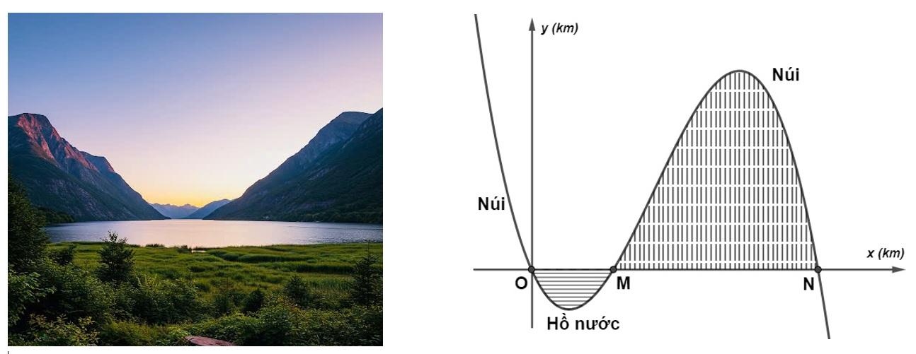 Lát cắt của một vùng đất được mô hình hóa bởi hàm bậc ba $y=fleft( x right)$ có đồ thị như hình vẽ dưới (đơn vị trên các trục là km) 1 de thi toan online