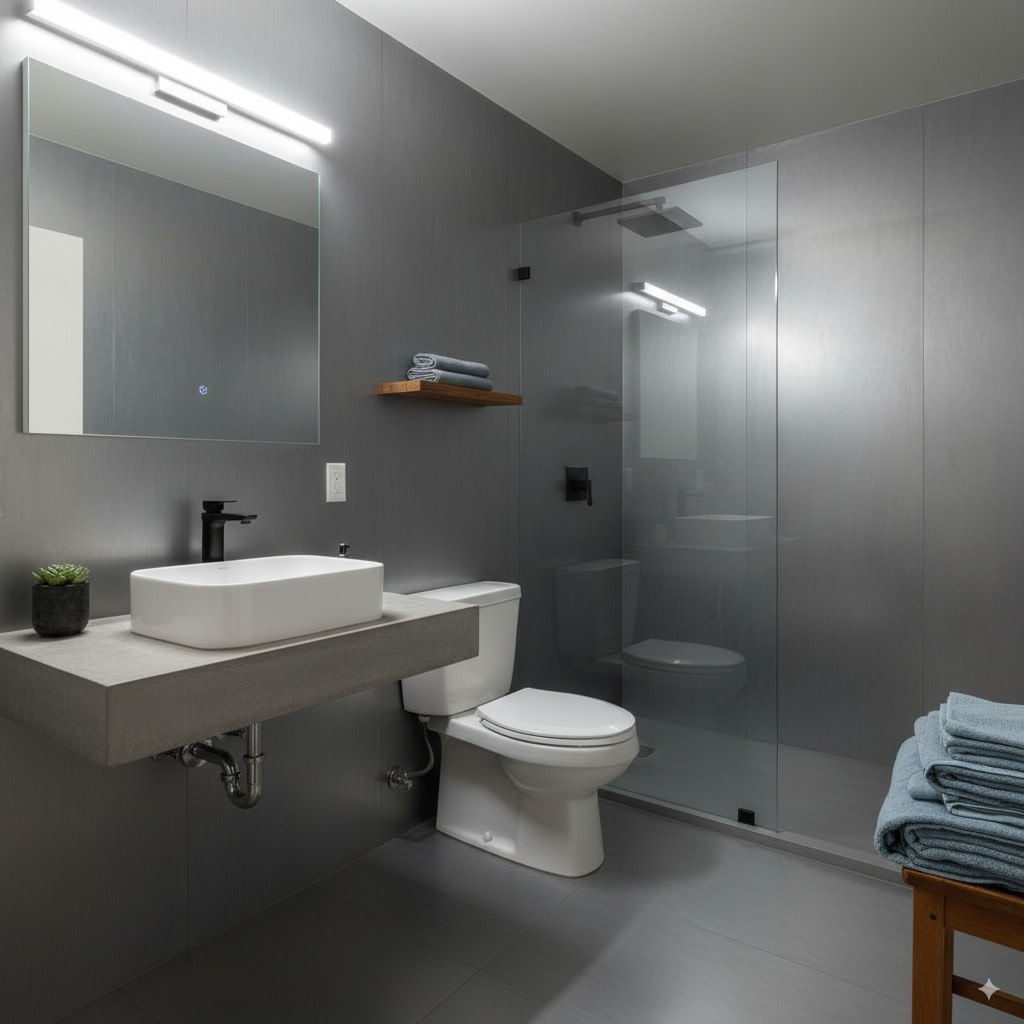 Resultado final de Baño Moderno con Paneles - Reforma de baño sin obras en Valencia completada en 48 horas. Revestimiento con paneles de aluminio de gran formato sobre azulejo existente, imitación cerámica porcelánica de lujo. Técnica innovadora sin demoler, sin escombros, sin polvo. Resultado impermeable y antimicrobiano. - FASTDOIT reformas Valencia, Castellón y Alicante