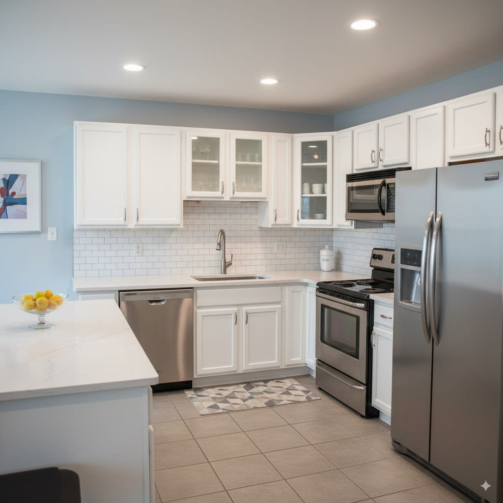 Resultado final de Cocina Abierta y Funcional - Reforma integral de cocina moderna en Castellón con isla central funcional. Alicatado de paredes con gres porcelánico rectificado, solado antideslizante, instalación de mobiliario modular. Proyecto ejecutado sin obra molesta en 3 días, manteniendo la funcionalidad de la vivienda. - FASTDOIT reformas Valencia, Castellón y Alicante