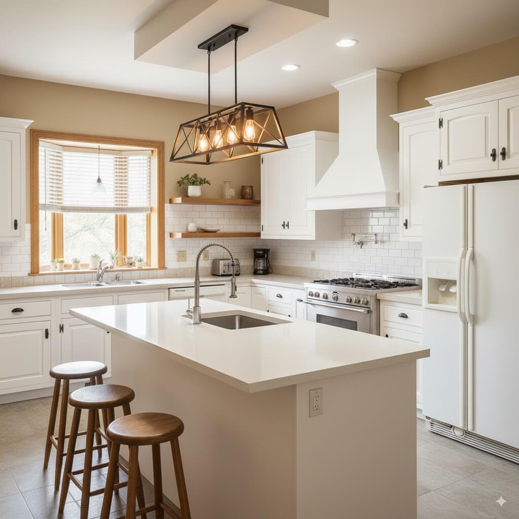 Resultado final de Cocina con Toques de Madera - Reforma de cocina moderna en Valencia con diseño nórdico. Combinación de frentes lacados blancos mate y madera de roble natural, encimera de cuarzo, alicatado tipo metro en biselado. Instalación de electrodomésticos integrados, iluminación bajo mueble LED. Look acogedor y funcional. - FASTDOIT reformas Valencia, Castellón y Alicante