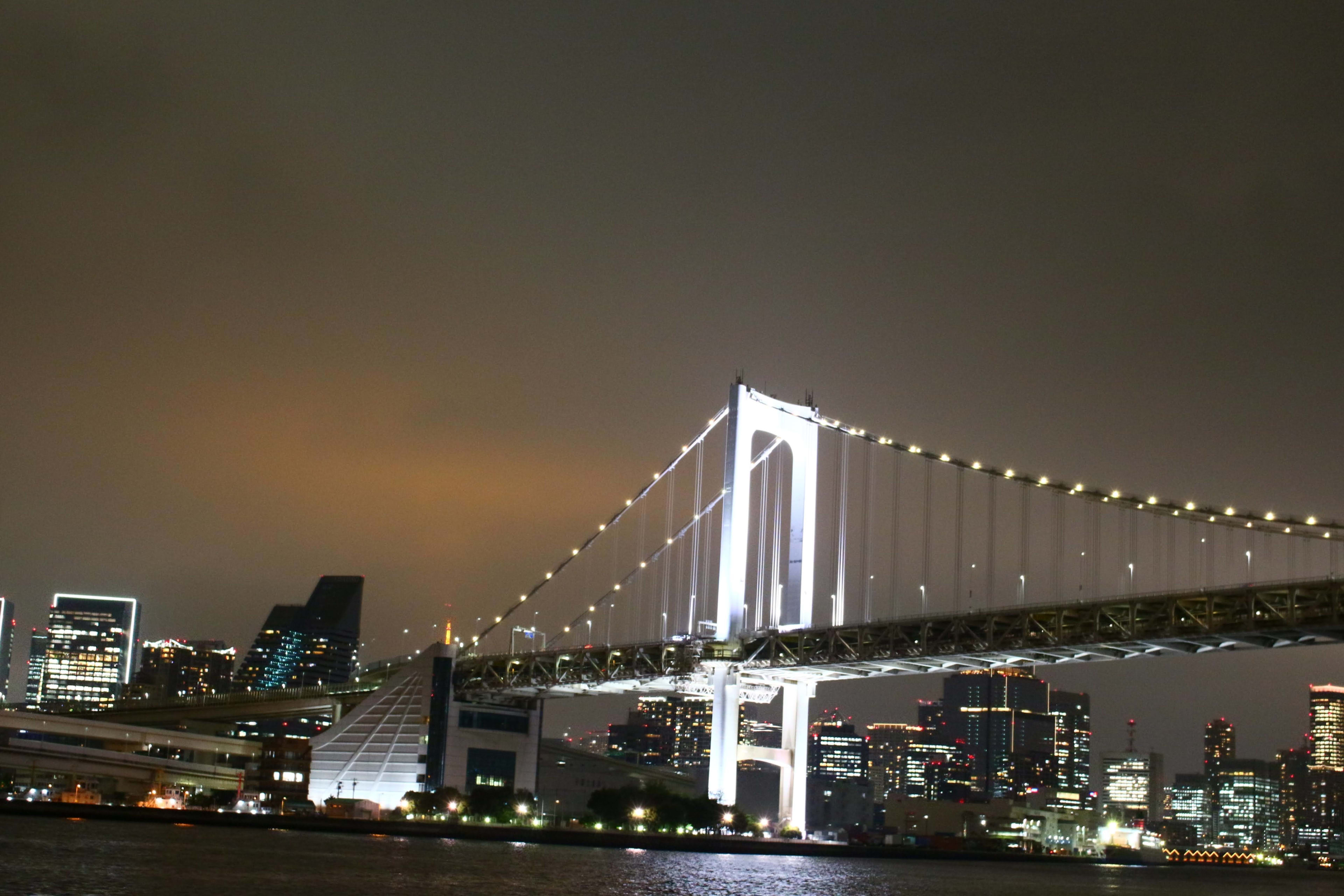 Rainbow Bridge lit up over Tokyo Bay at night