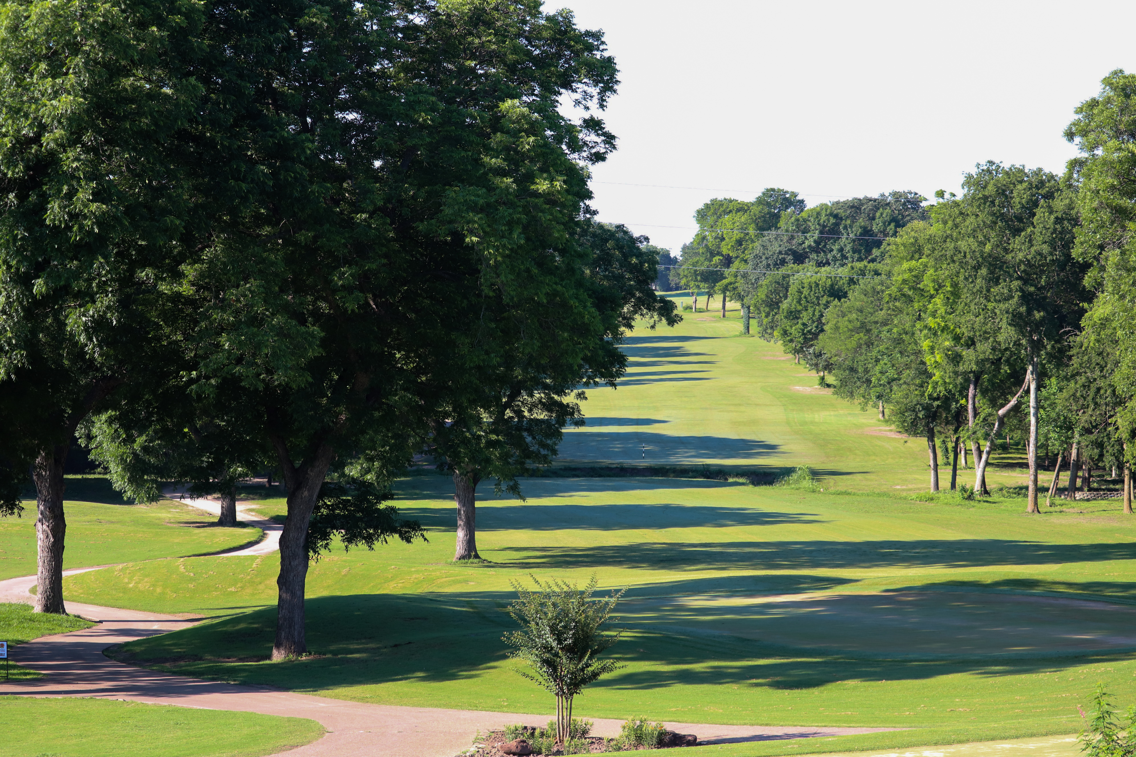 A well-maintained fairway with mature trees lining both sides, showing the tree-lined character of the course with cart paths and landscaping visible.