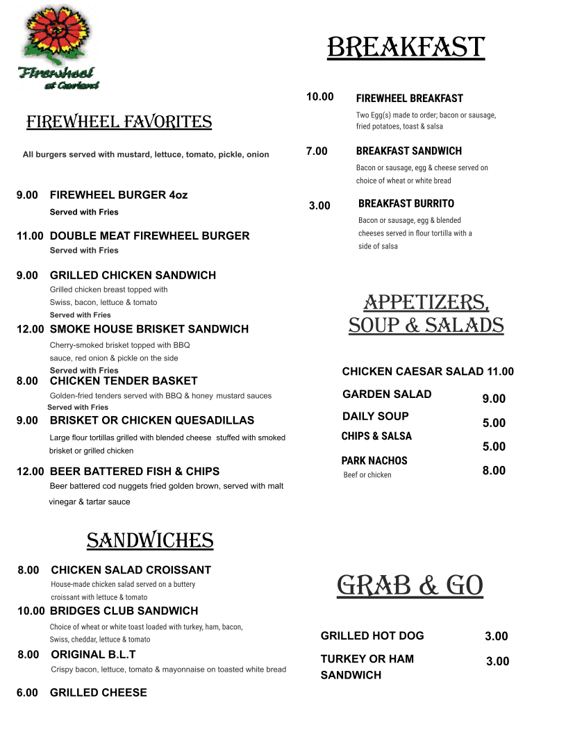 Restaurant menu showing breakfast items, sandwiches, appetizers, and grab-and-go options with the Firewheel at Garland logo and sunflower branding.