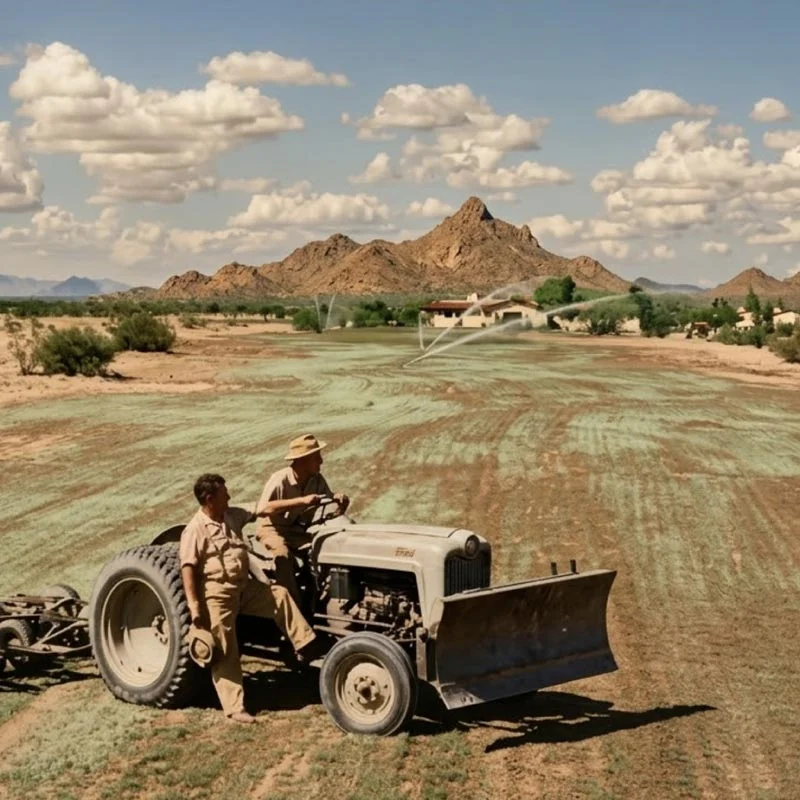 Historical photo showing course construction or renovation work with a tractor in the foreground and desert mountains in the background, depicting the course's development story.