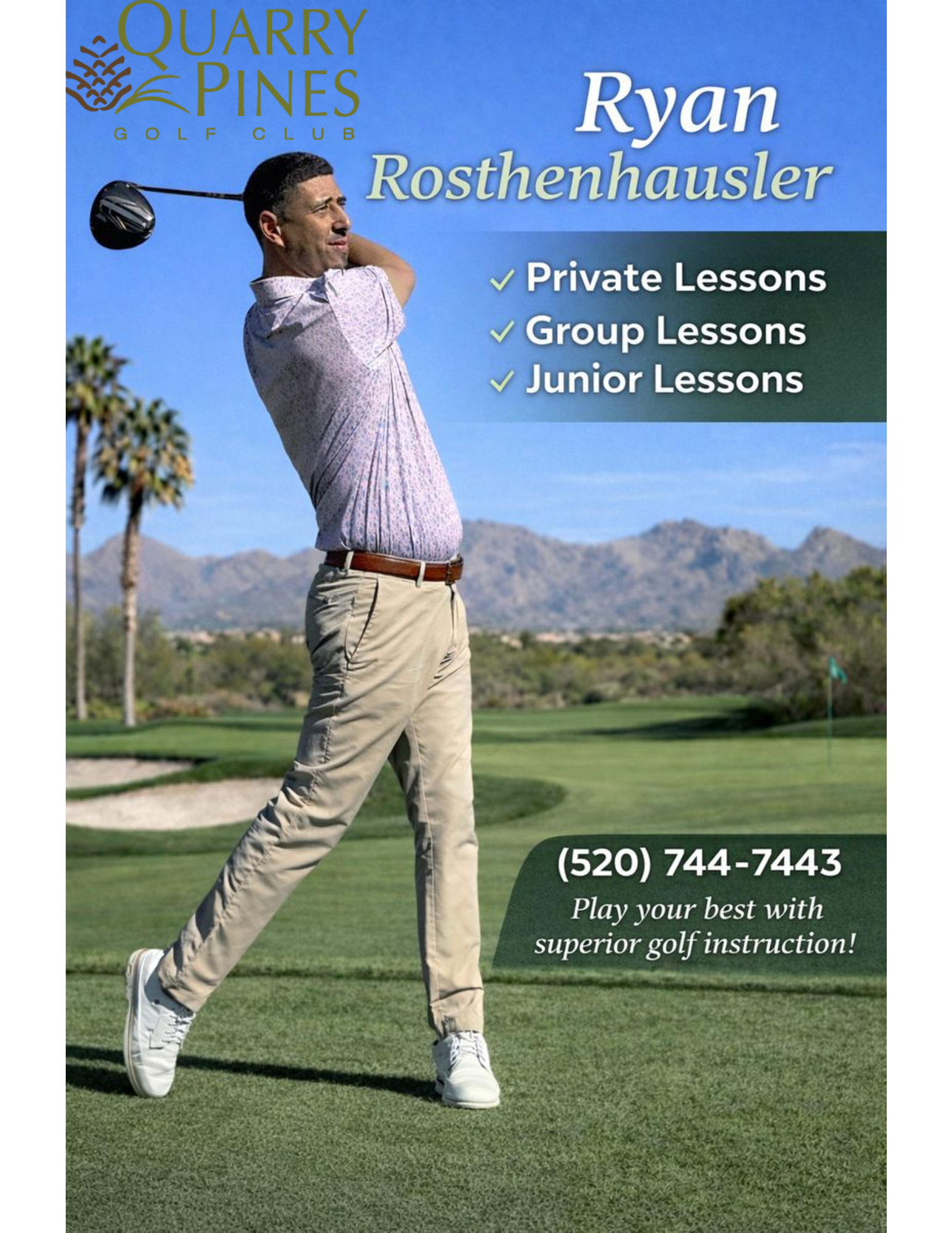 Professional marketing graphic featuring golf instructor Ryan Rosthenhausler mid-swing on the course with mountains in background, advertising private, group, and junior lessons with contact information.
