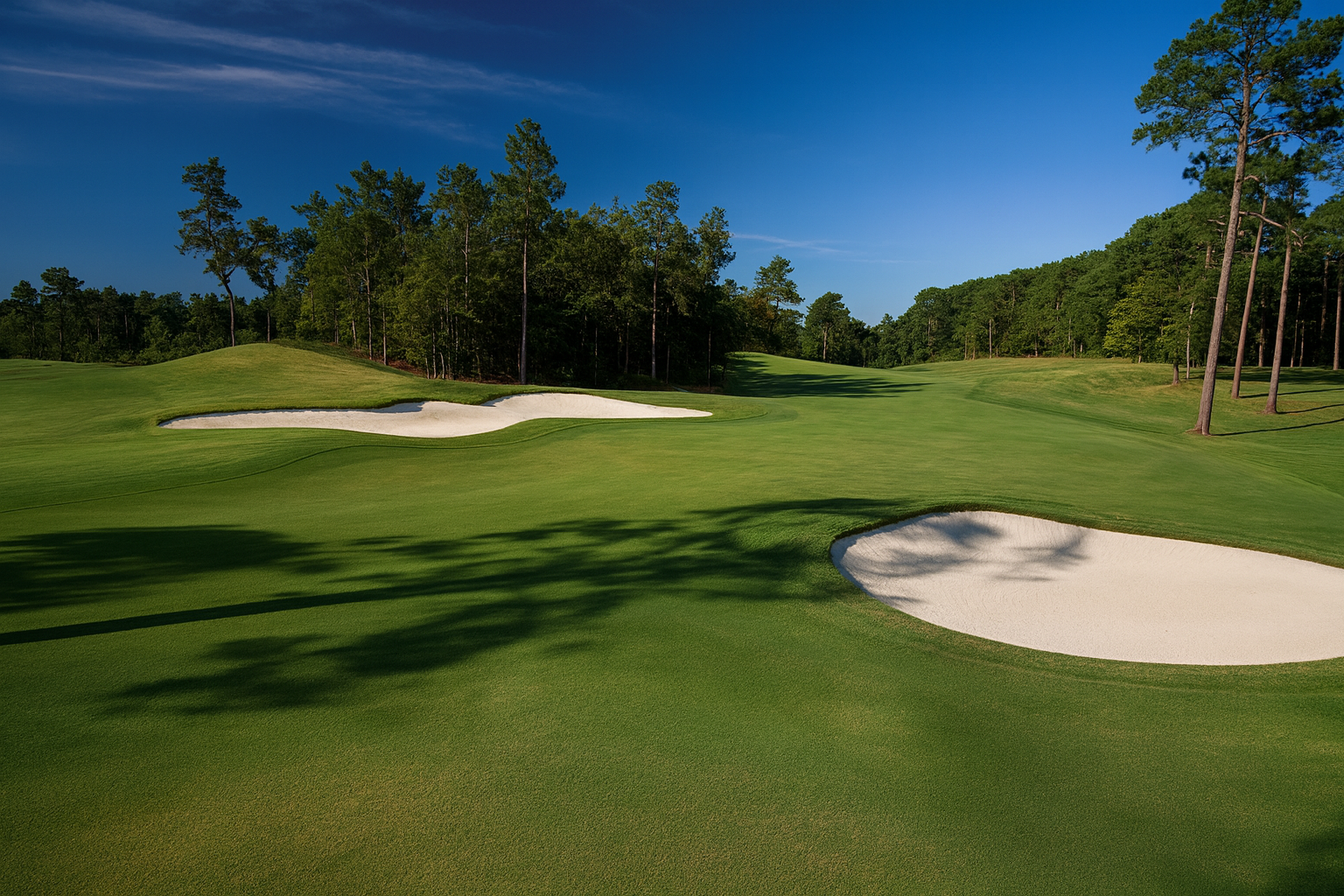 Professional golf course photograph showcasing a pristine putting green with sand bunkers, surrounded by dense forest under dramatic blue sky with excellent lighting.