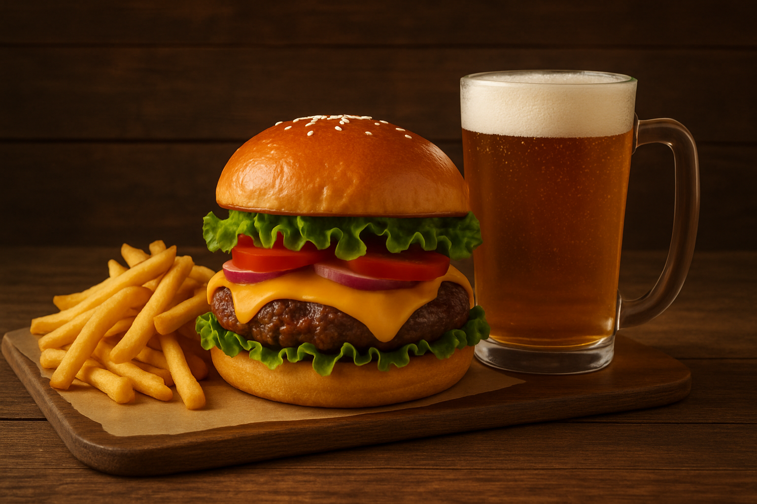 A gourmet cheeseburger with lettuce, tomato, and cheese served with golden french fries and a craft beer on a wooden serving board in the course's restaurant.