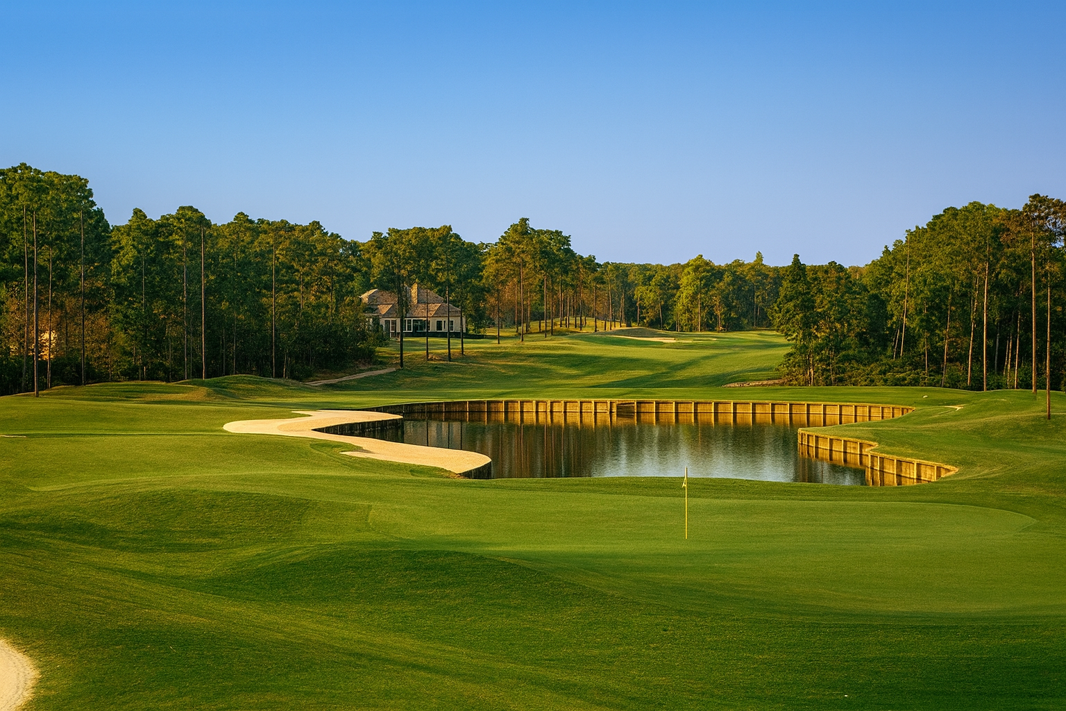 A pristine golf hole featuring a dramatic water hazard with wooden bulkhead along the shoreline, lush green fairways, and a clubhouse visible in the background under golden hour lighting.