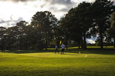 Two golfers walking across a green fairway during golden hour with dramatic tree-lined backdrop.