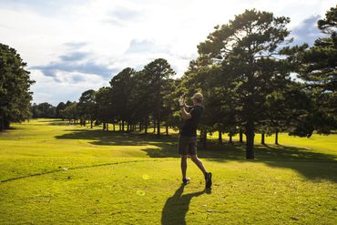 Dramatic silhouette of a golfer mid-swing against expansive tree-lined fairway during golden hour.
