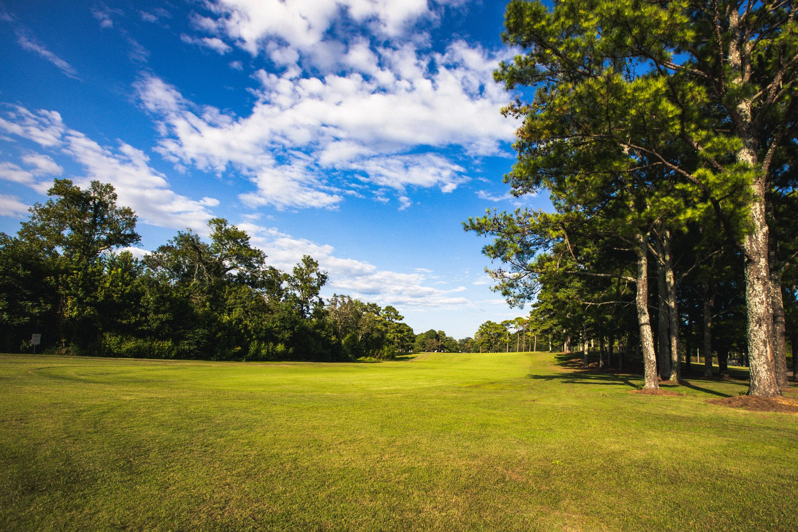 A pristine golf fairway under brilliant blue skies with puffy white clouds, showcasing the course's well-maintained conditions and tree-lined layout that members enjoy year-round.