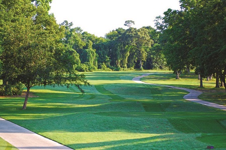 A scenic golf hole showing undulating fairway terrain with strategic cart paths winding through mature tree-lined landscape.