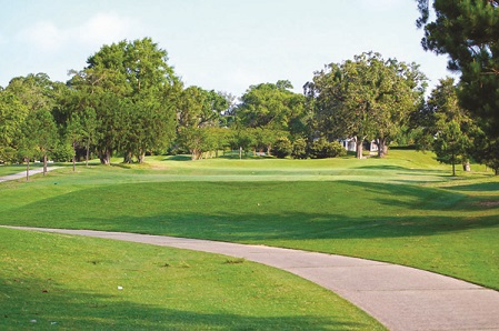 A wide fairway view showcasing the course's open layout with cart paths and mature trees lining the playing area.