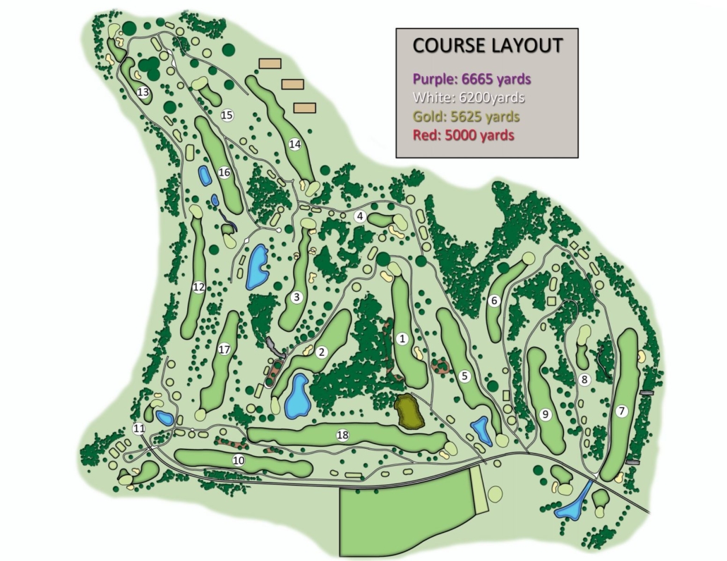 Detailed course layout map showing all 18 holes with yardage information for different tee positions (Purple: 6665 yards, White: 6200 yards, Gold: 5625 yards, Red: 5000 yards).