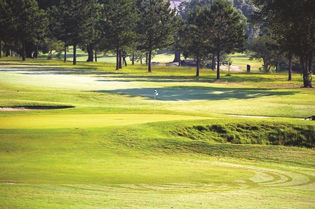 A complete hole view showing the fairway leading to a green with sand bunkers strategically placed and mature trees framing the playing area.