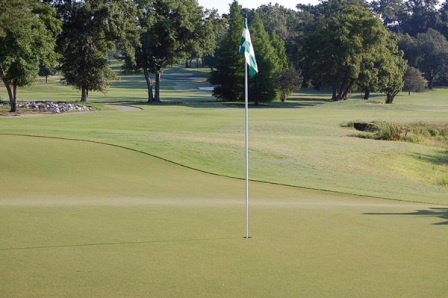 Well-manicured putting green with flagstick and sand bunkers surrounded by mature oak trees.