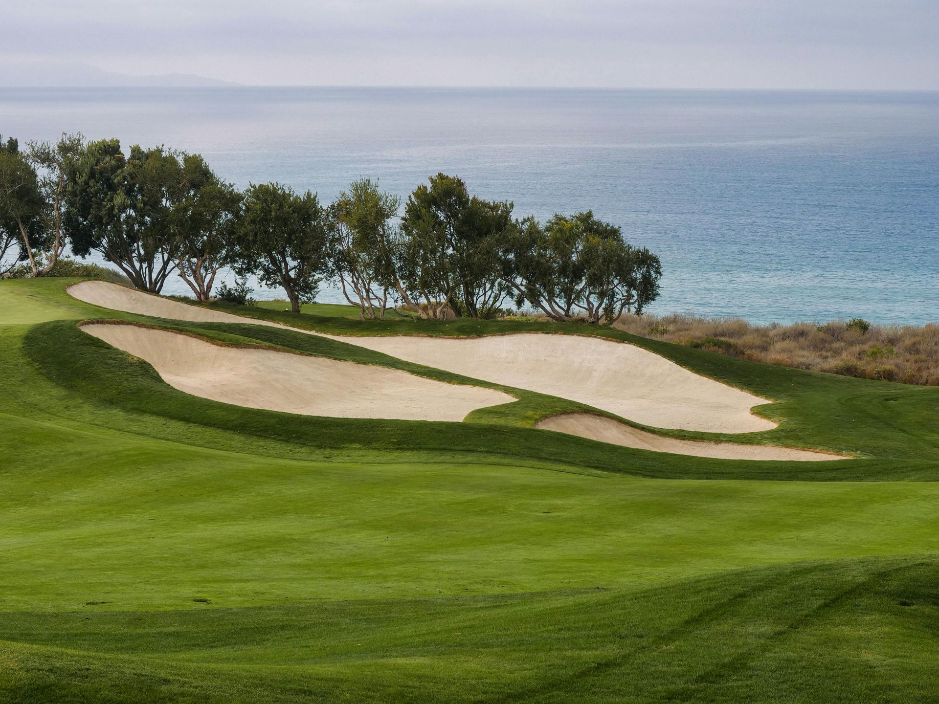 An oceanside golf hole featuring dramatic sand bunkers with the blue ocean and coastal trees as a stunning backdrop.