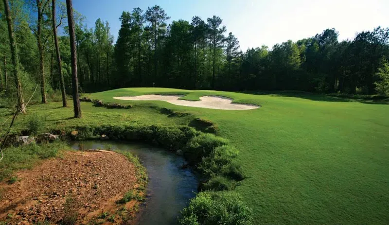 Pristine putting green surrounded by natural creek hazard with earthen mounding, sand bunkers, and lush forest backdrop under clear blue skies.