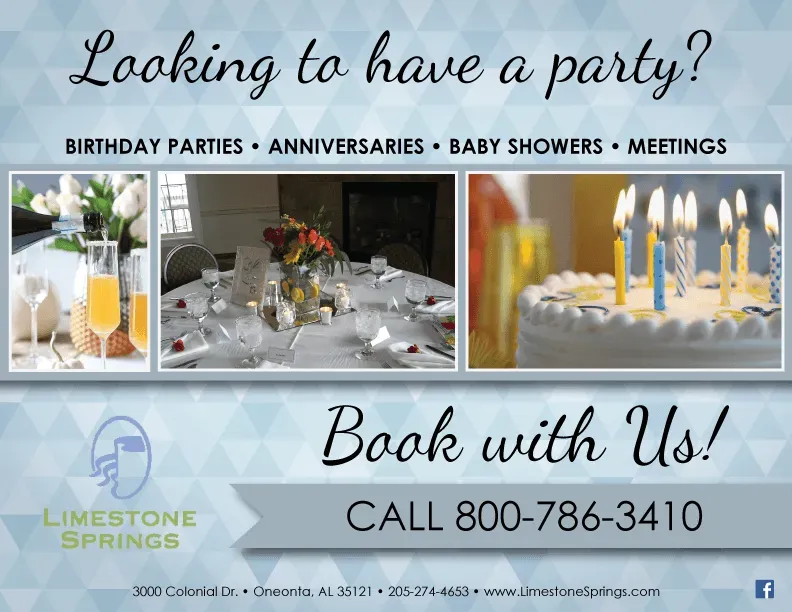 Limestone Springs event marketing featuring elegant table settings, champagne service, and birthday cake with party planning contact information.