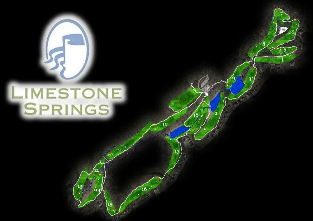 The official Limestone Springs golf course layout map showing all 18 numbered holes with green fairways, blue water hazards, and the course logo.