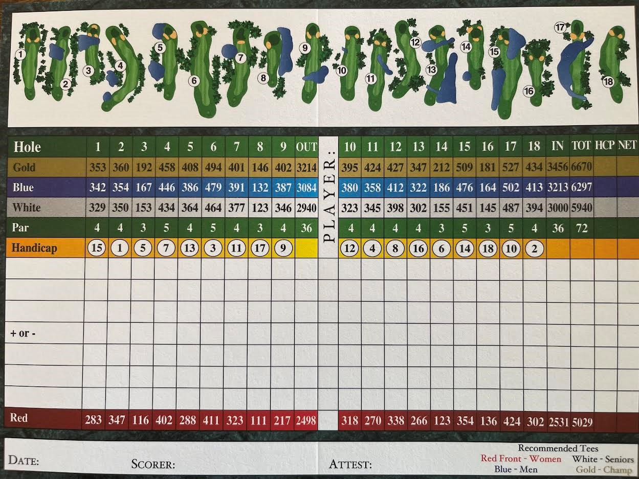 Golf course scorecard showing the 18-hole layout map with detailed yardages, par information, and handicap ratings for all tee colors including Gold, Blue, White, and Red tees.