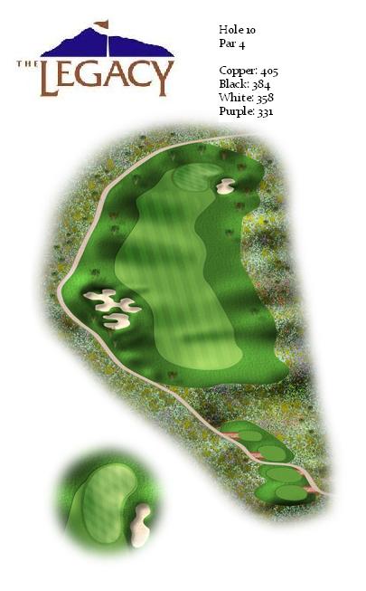 Aerial illustration of hole 10 at The Legacy, a par 4 hole featuring strategic bunker placement and precise yardage markers for different skill levels and tee positions.