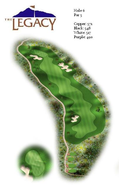 Detailed aerial illustration of hole 6 at The Legacy, a par 5 hole featuring strategic bunker placement and yardage markers from different tee positions (copper, black, white, purple).
