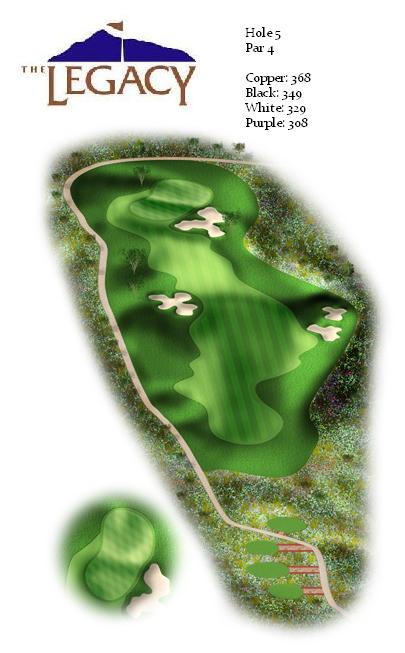 Aerial illustration of hole 5 at The Legacy golf course, showing a par 4 layout with multiple sand bunkers, detailed yardage information, and a comprehensive overhead view of the fairway and green complex.