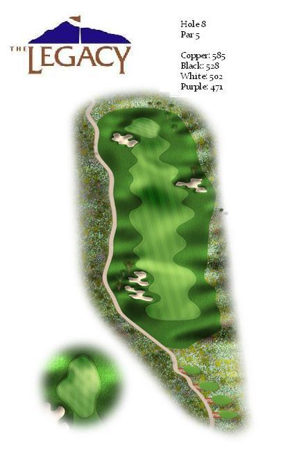 Aerial view illustration of hole 8 at The Legacy, a par 5 with strategic bunkering and detailed yardage measurements from multiple tee positions including copper, black, white, and purple tees.