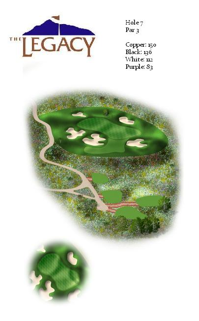 Overhead illustration of hole 7 at The Legacy, a par 3 hole with multiple sand bunkers around the green and precise yardage information for all tee positions.