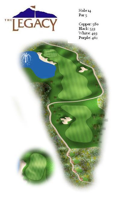 Digital yardage book illustration of Hole 14 at The Legacy, depicting a Par 5 hole with a prominent water hazard, multiple bunkers, and yardage information from various tee positions.