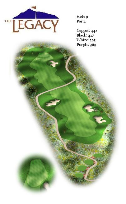 Detailed overhead illustration of hole 9 at The Legacy golf course, showing a par 4 layout with multiple fairway and greenside bunkers plus comprehensive yardage information.