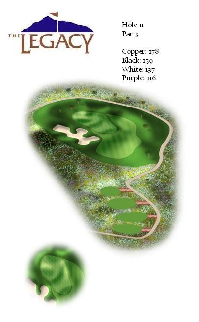 Overhead view illustration of hole 11 at The Legacy, a par 3 hole with sand bunkers protecting the green and detailed yardage information from multiple tee positions.