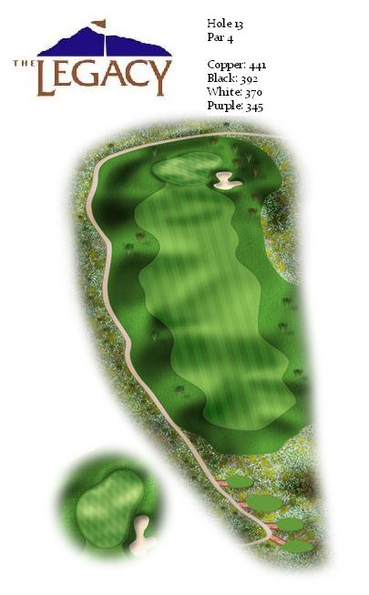 Digital yardage book illustration of Hole 13 at The Legacy, showing a Par 4 hole layout with green fairway, sand bunkers, and yardage information from different tee positions.