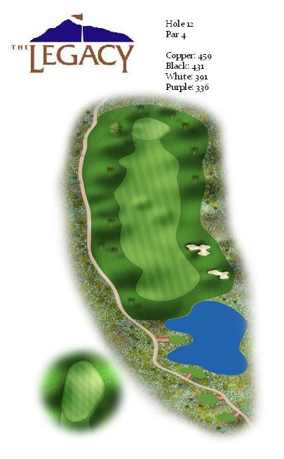 Detailed aerial illustration of hole 12 at The Legacy golf course, showing a par 4 with water hazard, strategic bunkering, and comprehensive yardage measurements for all tee positions.