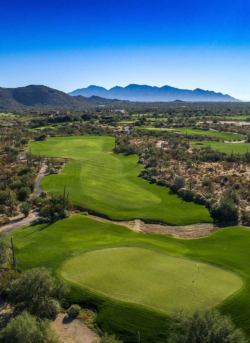 Aerial view of a pristine golf hole featuring an elevated green surrounded by desert vegetation and saguaro cacti, with dramatic mountain vistas under a brilliant blue sky.