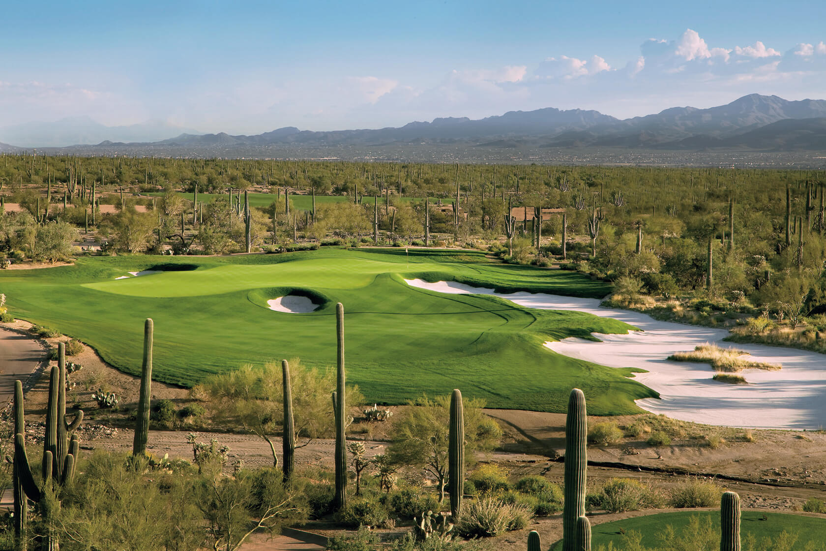 Desert golf course fairway winding through natural Sonoran landscape with golden bunch grasses, boulder formations, and towering saguaro cacti under blue skies.