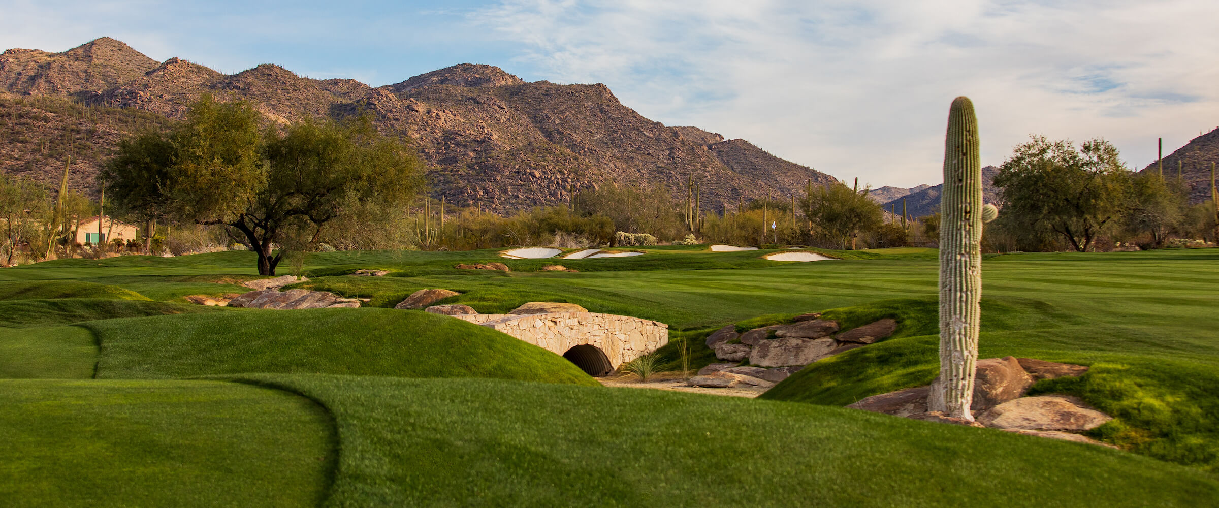 Serene golf course water feature with reflective pond bordered by natural stone and desert vegetation, with mountains silhouetted in the evening light.