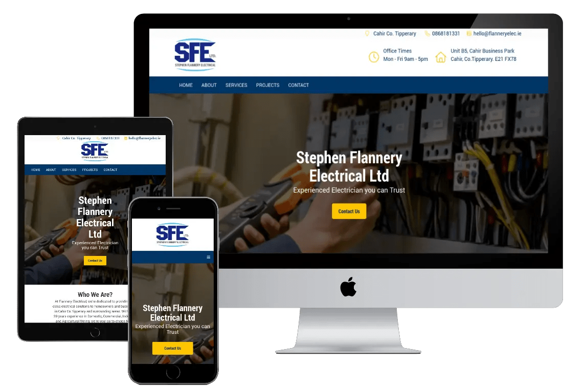 Electricians Websites displayed on a Mac, iphone and ipad.